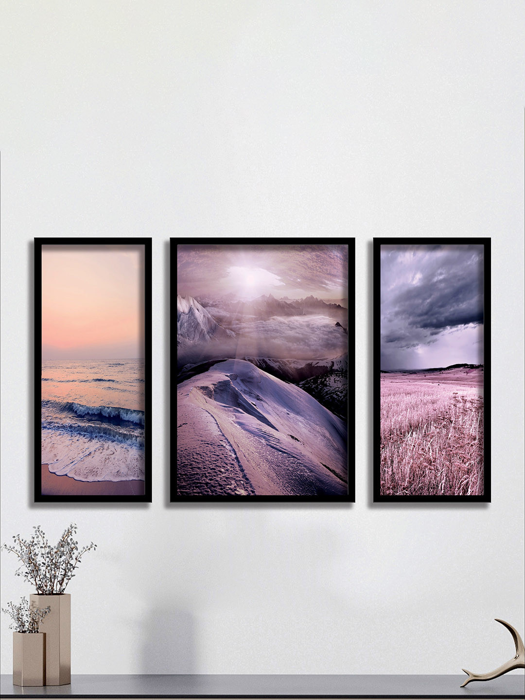 

SAF Set Of 3 Black & Purple Modern Art UV Textured Painting Wall Art