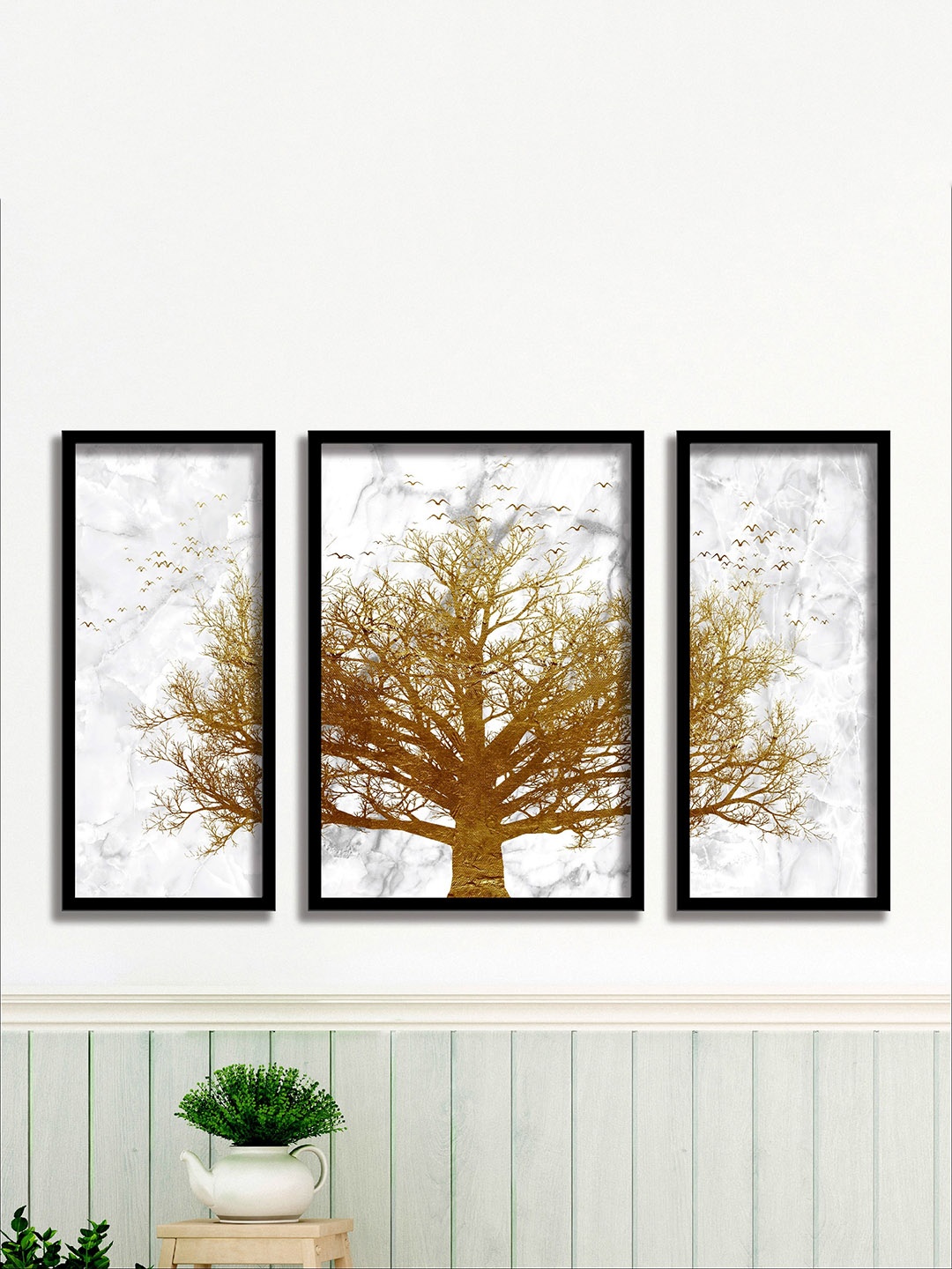 

SAF Set Of 3 White & Brown Modern Art Wall Painting