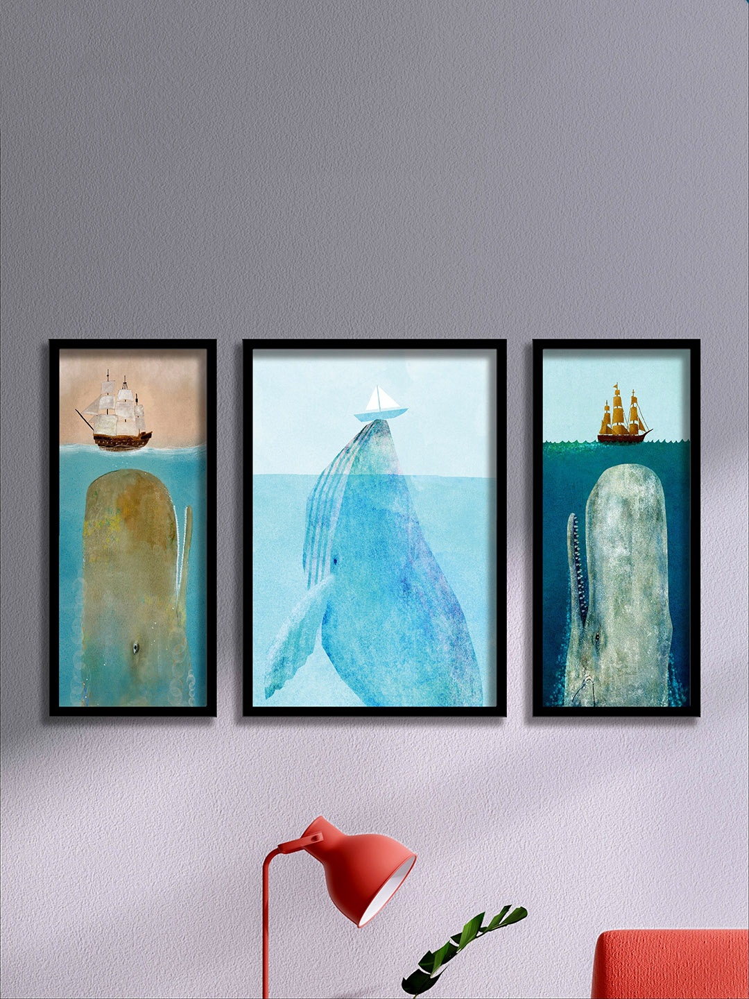 

SAF Set Of 3 Blue & Black Dolphin UV Textured Wall painting Art