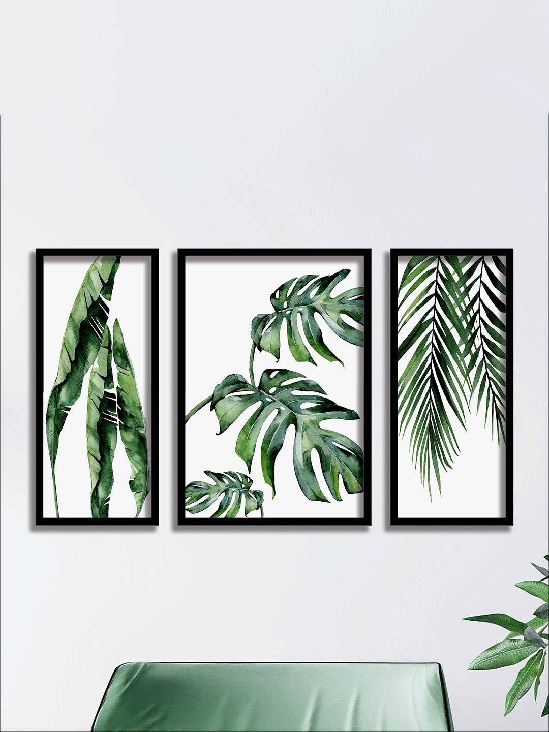 

SAF Set Of 3 Green & White Modern Art UV Textured Wall Painting, Multi