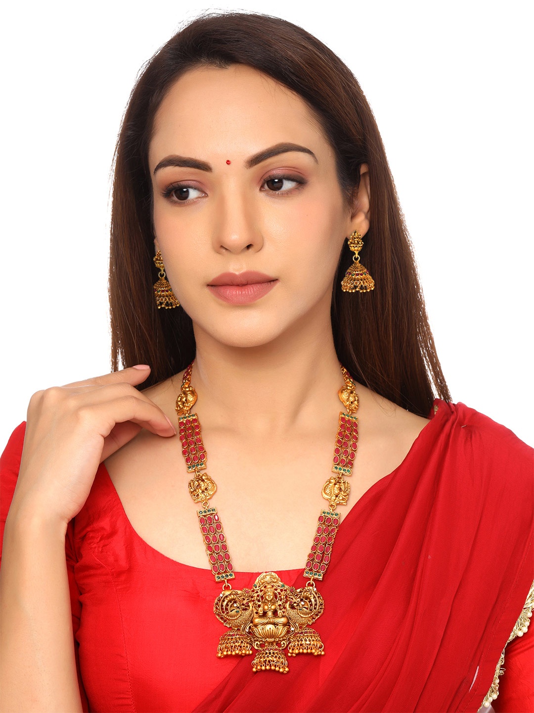 

Yellow Chimes Gold Plated & Green Traditional Temple Jewellery Necklace Set