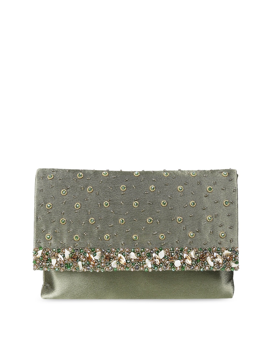 

Mochi Green & Gold-Toned Embellished Envelope Clutch