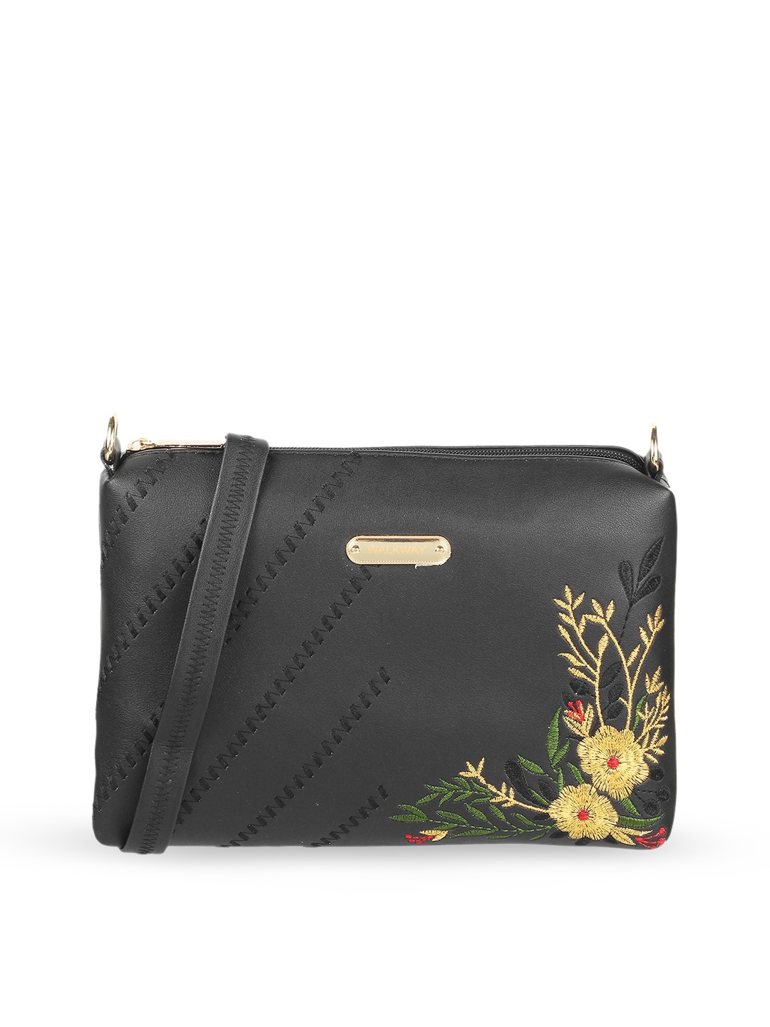 

WALKWAY by Metro Black Floral Embellished Structured Sling Bag