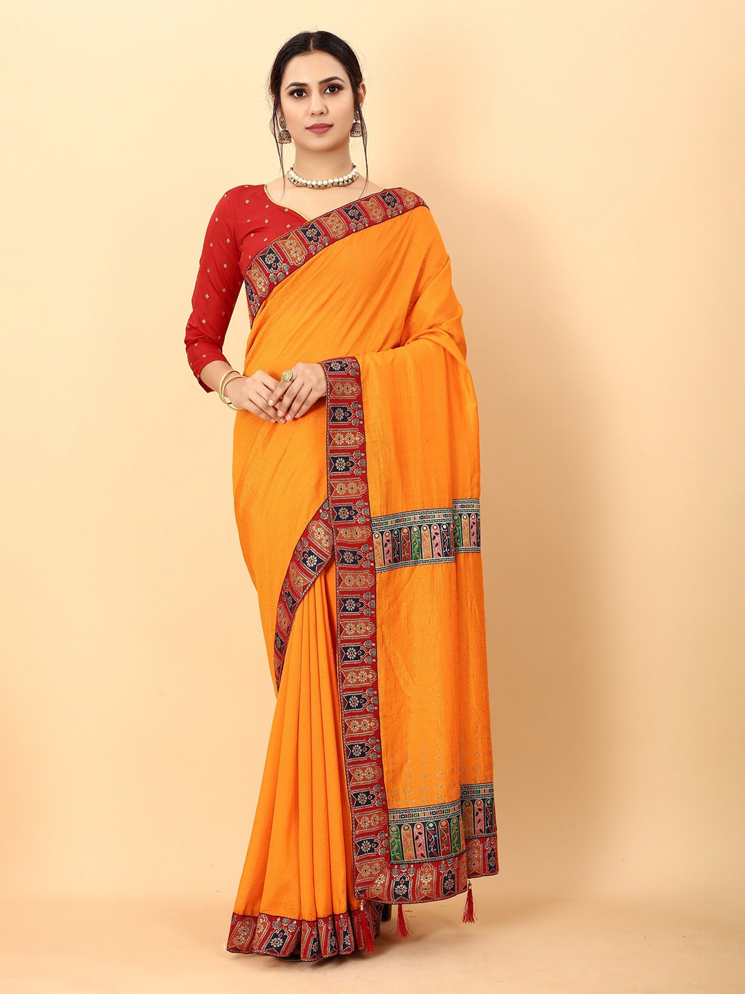 

Hinayat Fashion Yellow & Red Ethnic Motifs Beads and Stones Maheshwari Saree