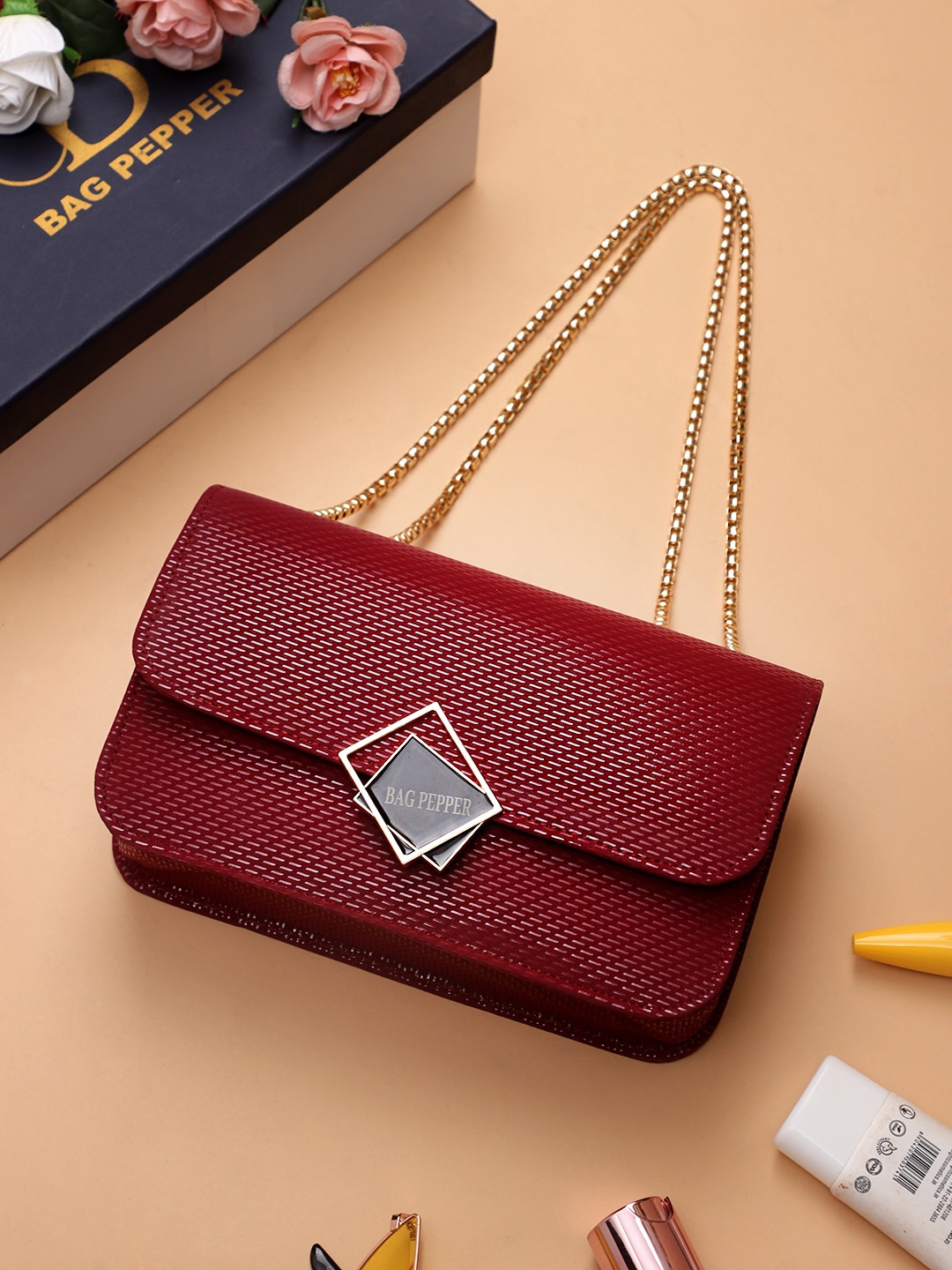 

Bag Pepper Women Stylish Maroon PU Structured with Gold Chain Party Sling Bag