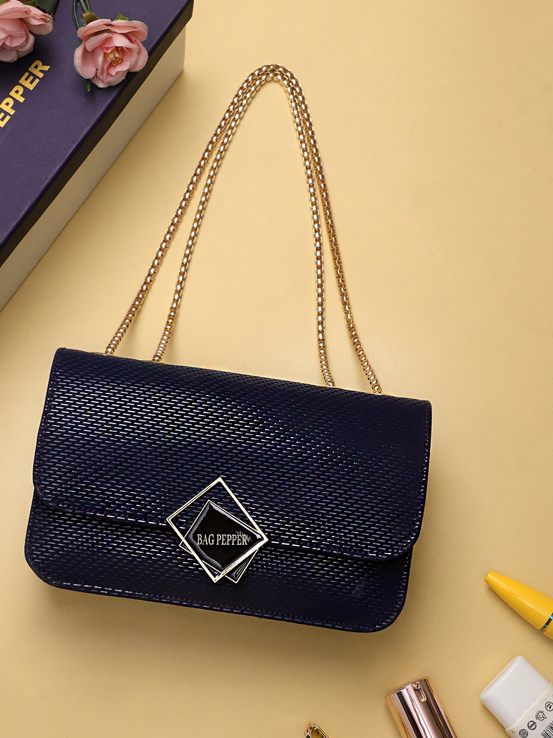 

Bag Pepper Women Stylish Blue PU Structured with Gold Chain Party Sling Bag