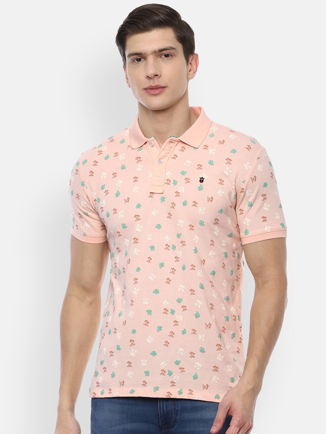 

Louis Philippe Jeans Men Pink Printed Polo Collar Slim Fit Cotton T-shirt