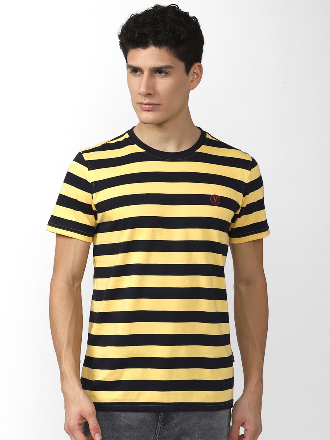 

Van Heusen Sport Men Yellow & Black Striped Pure Cotton T-shirt