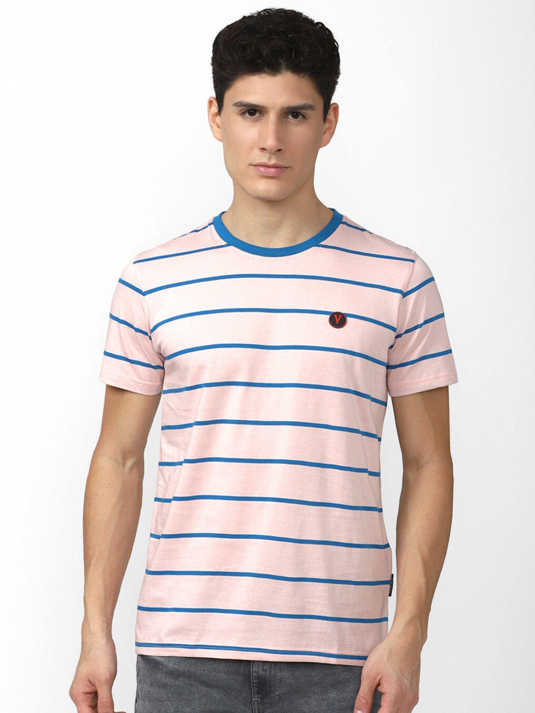 

Van Heusen Sport Men Pink & Blue Striped Pure Cotton T-shirt