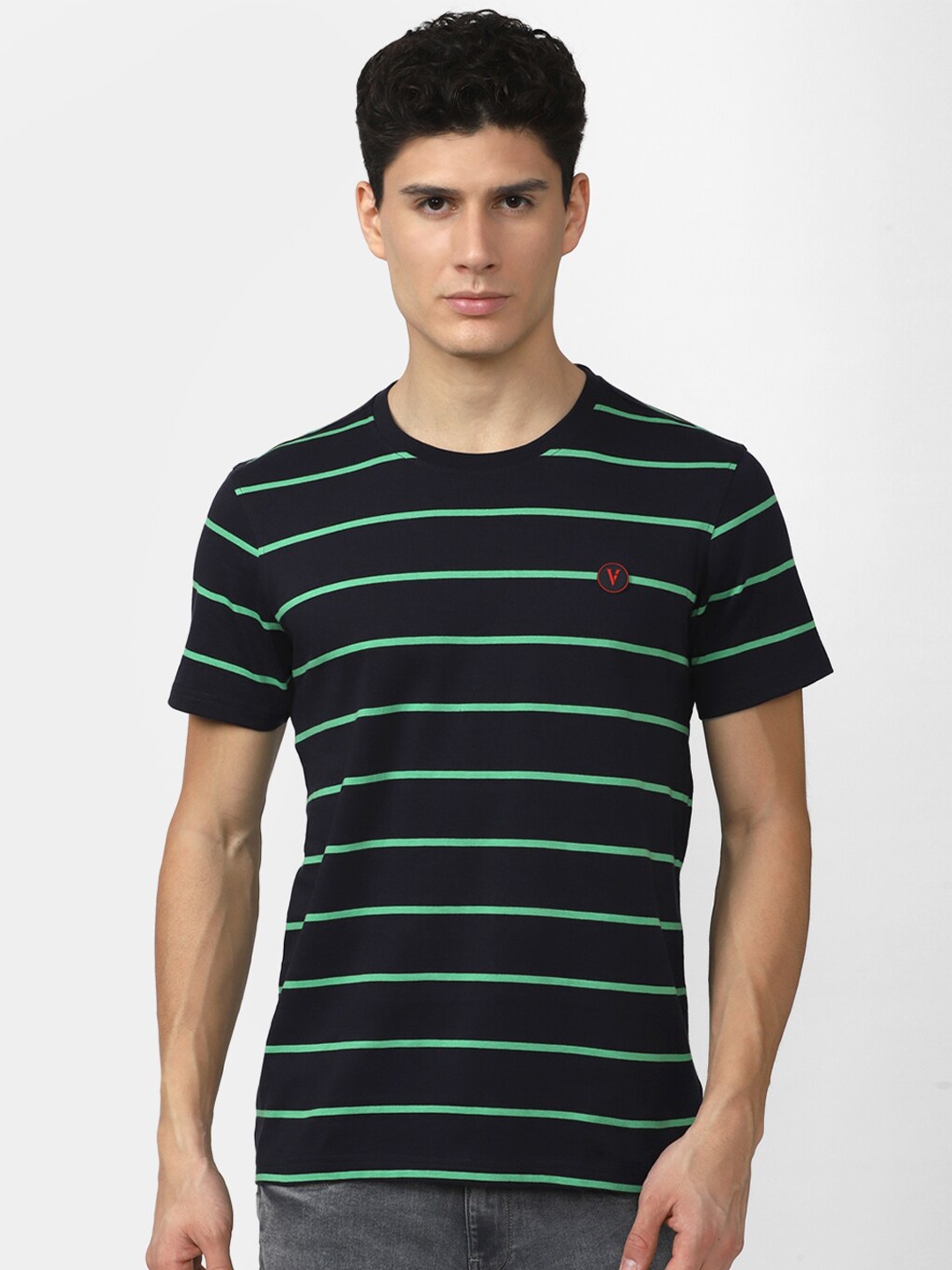 

Van Heusen Sport Men Black & Green Striped T-shirt