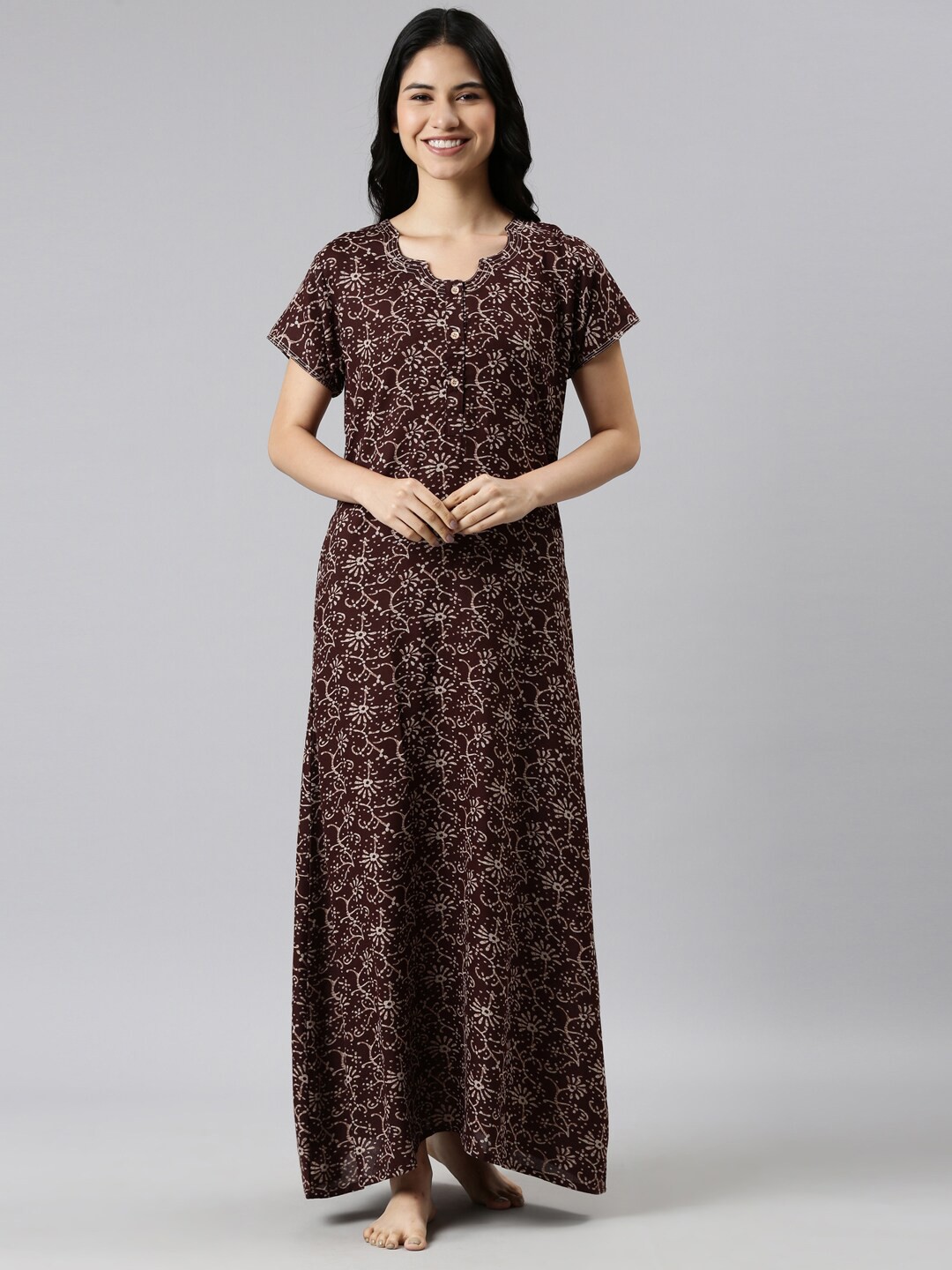 

GOLDSTROMS Women Coffee Brown Printed Maxi Nightdress