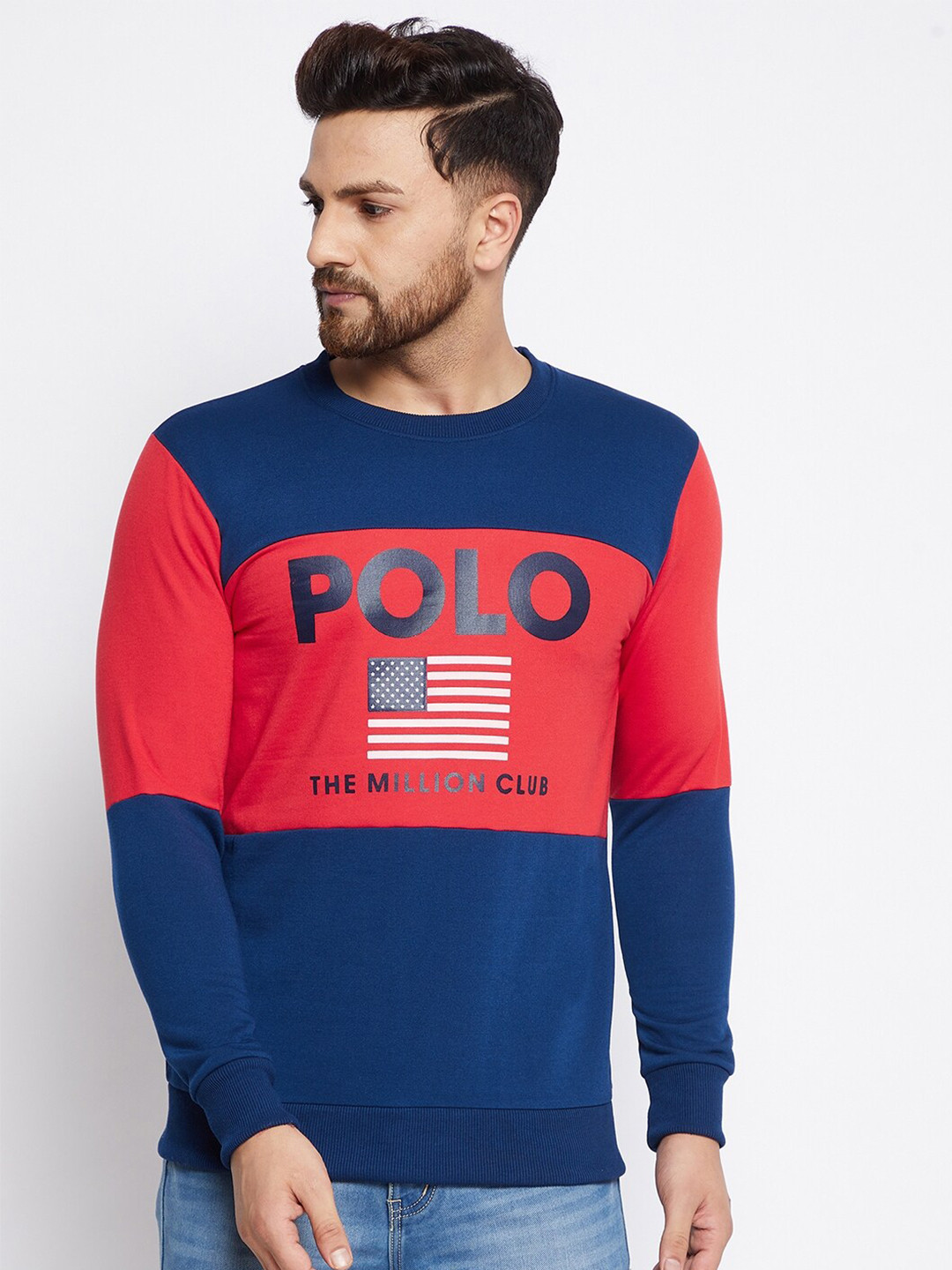 

THE MILLION CLUB Men Blue Colourblocked Cotton Sweatshirt
