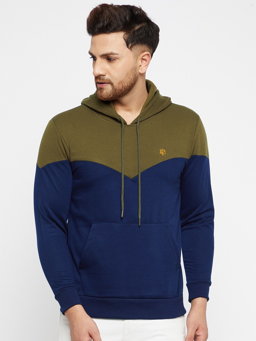 

THE MILLION CLUB Men Blue Colourblocked Hooded Cotton Sweatshirt