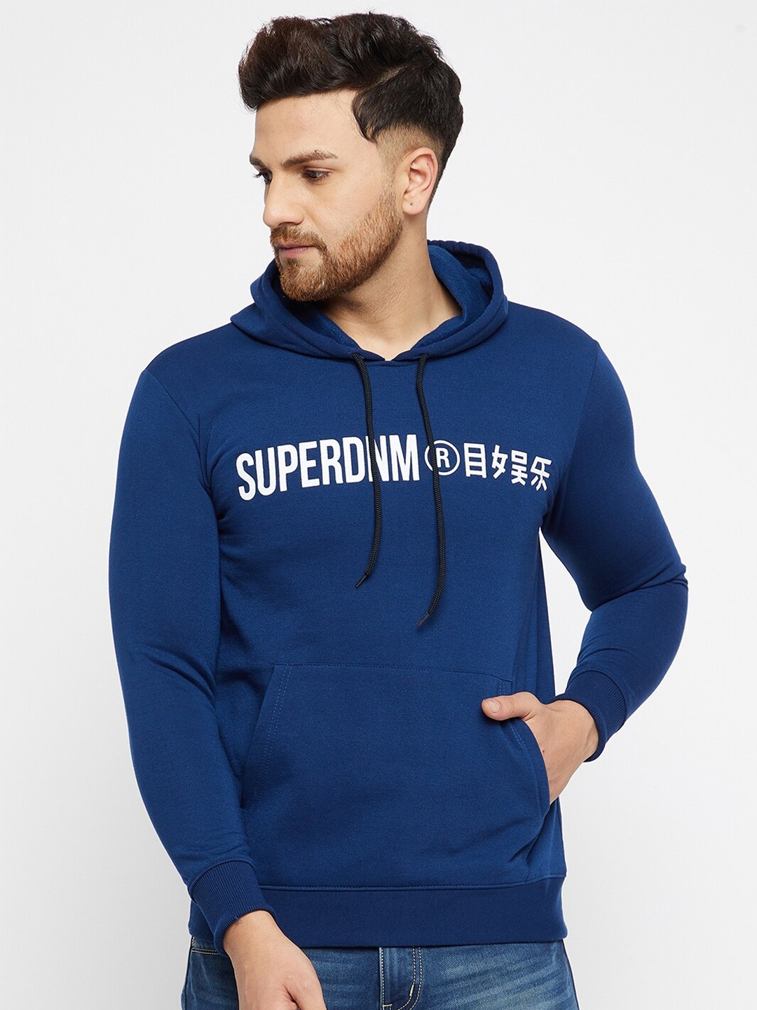 

THE MILLION CLUB Men Blue Printed Hooded Cotton Sweatshirt