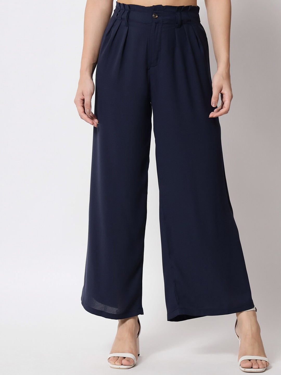

Kotty Women Navy Blue Solid Relaxed Flared High-Rise Easy Wash Pleated Trouser