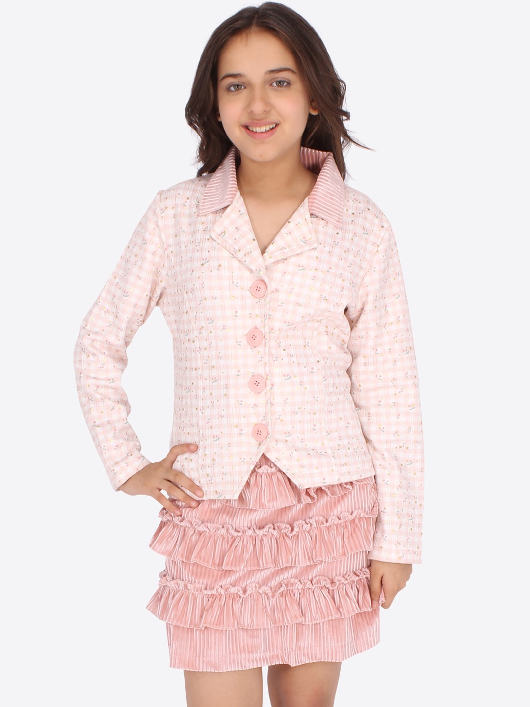 

CUTECUMBER Girls Peach-Coloured & White Printed Top with Skirt