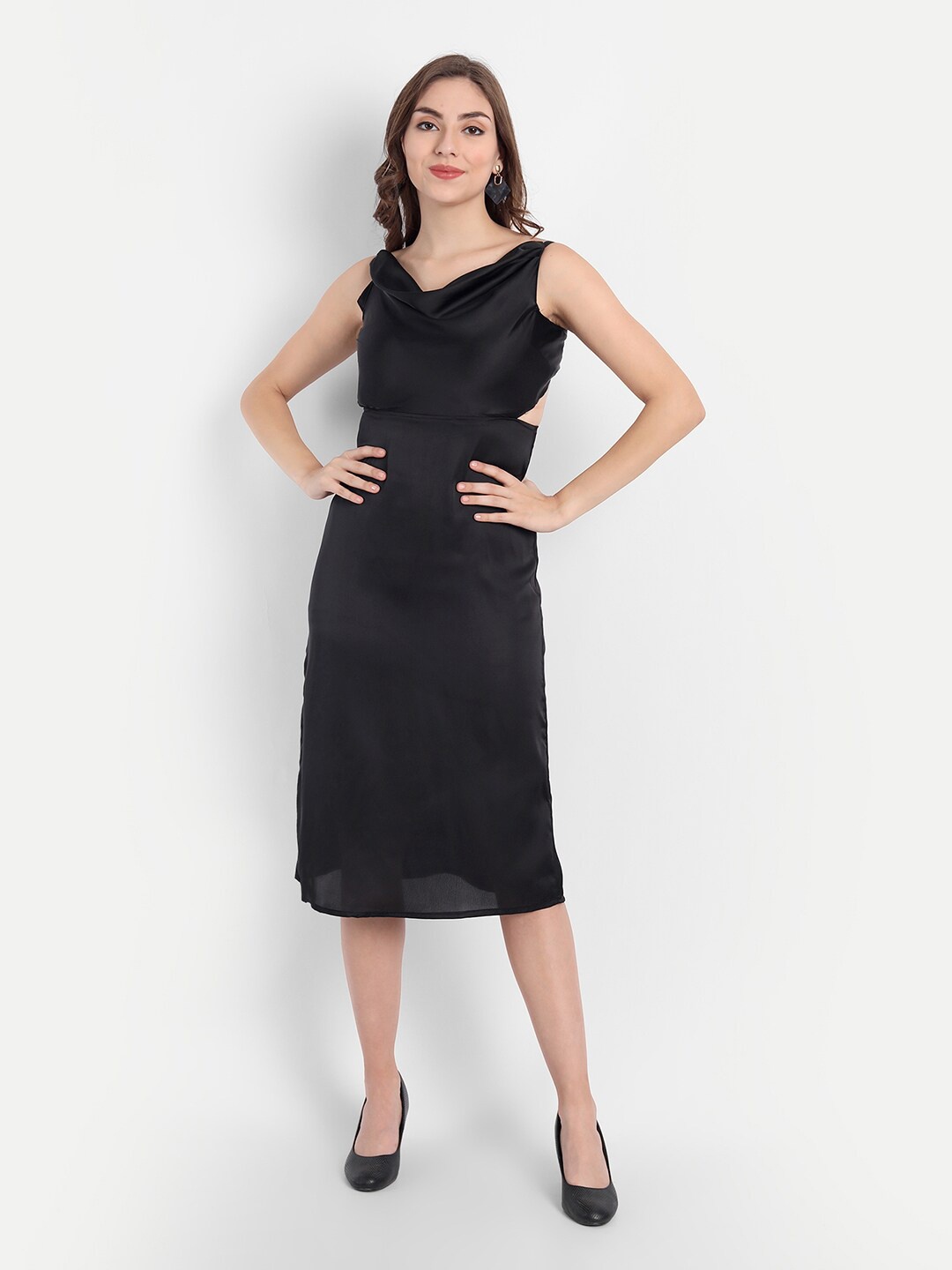 

Emprall Black Cowl Neck Satin Sheath Midi Dress