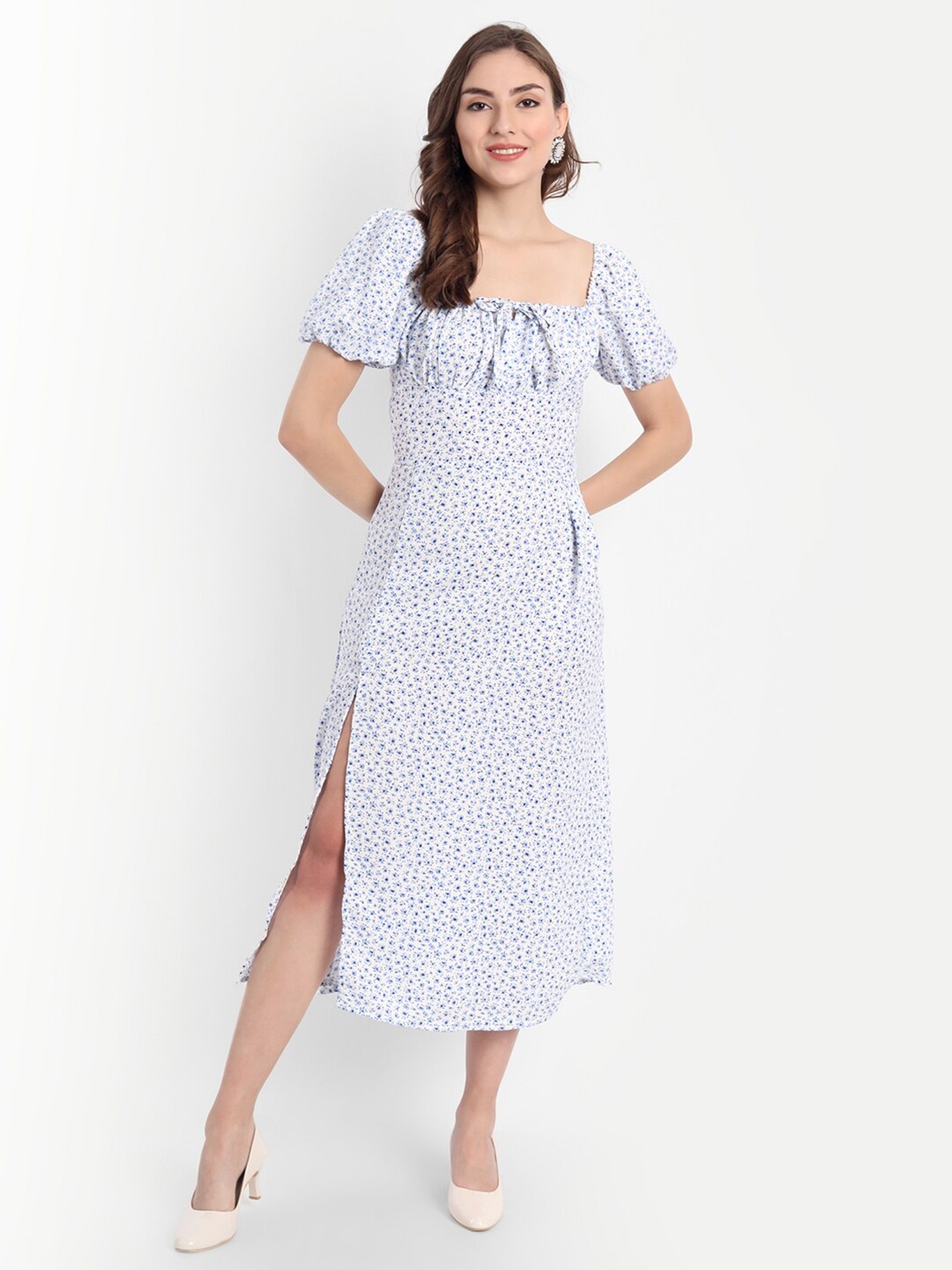 

Emprall White & Navy Blue Floral Pure Cotton Midi Dress