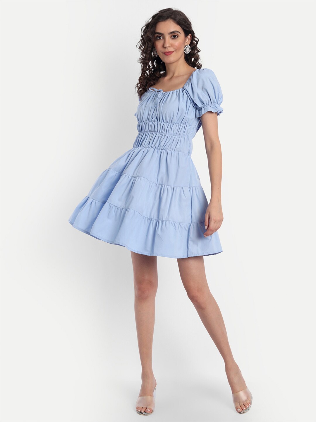 

Emprall Women Blue Fit & Flare With Puff Sleeves Dress