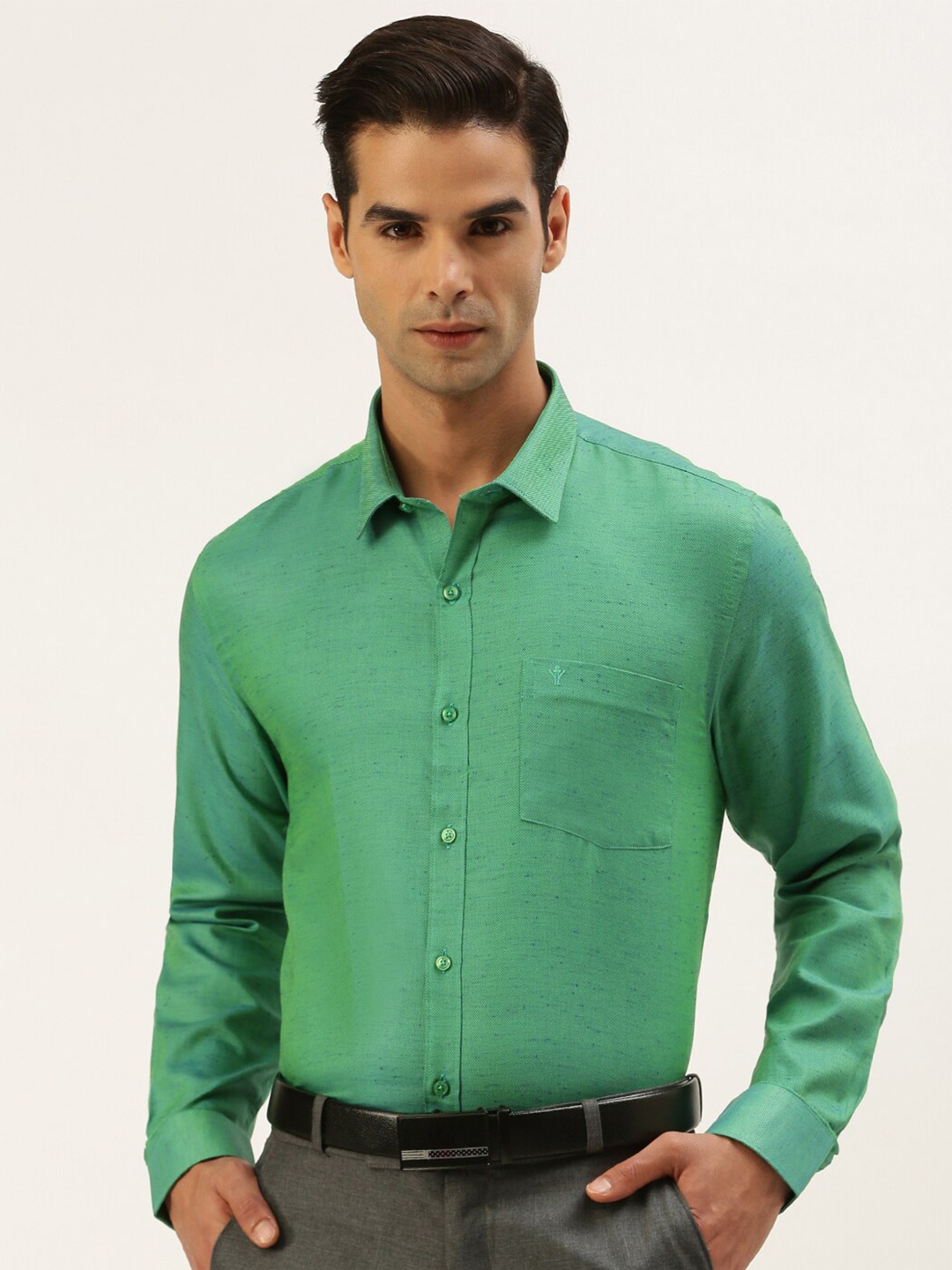 

Ramraj Men Green Solid Formal Shirt