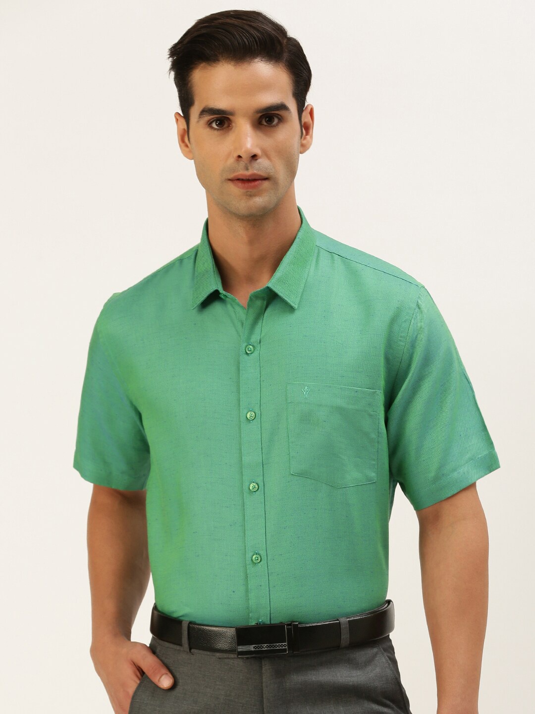 

Ramraj Men Green Solid Formal Shirt