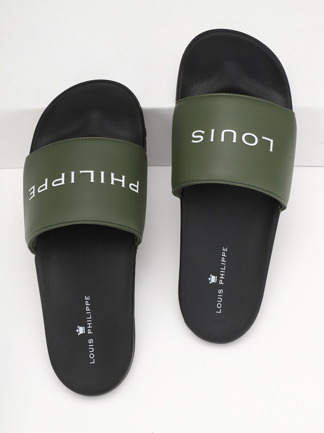 

Louis Philippe Men Olive Green & White Printed Sliders