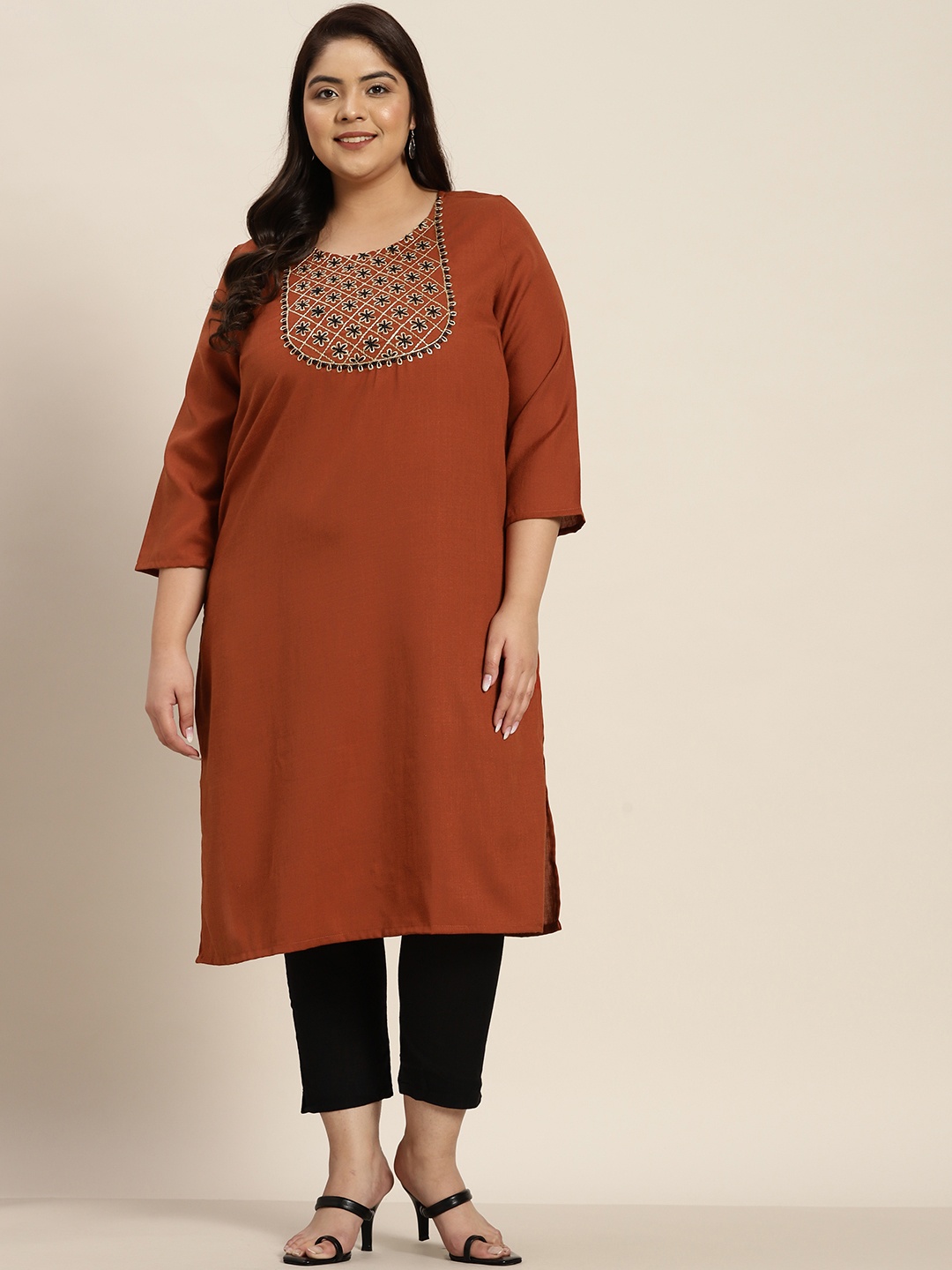 

Sztori Women Plus Size Rust Orange Yoke Design Straight Kurta