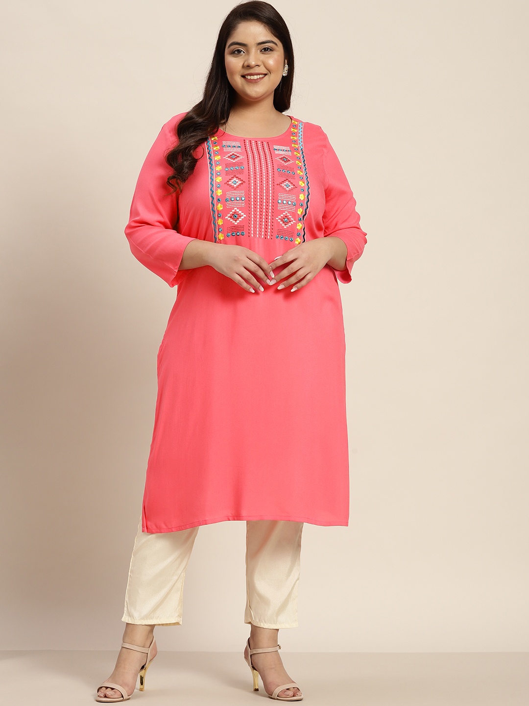 

Sztori Women Plus Size Pink Ethnic Motifs Embroidered Mirror Work Kurta