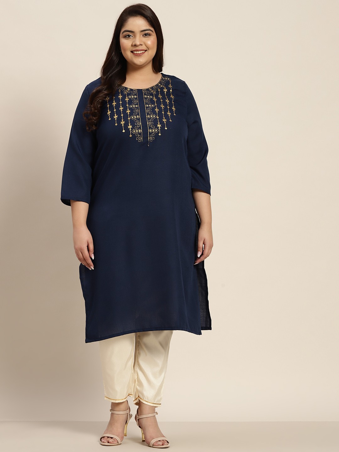 

Sztori Women Plus Size Navy Blue & Golden Ethnic Motifs Embroidered Yoke Design Kurta