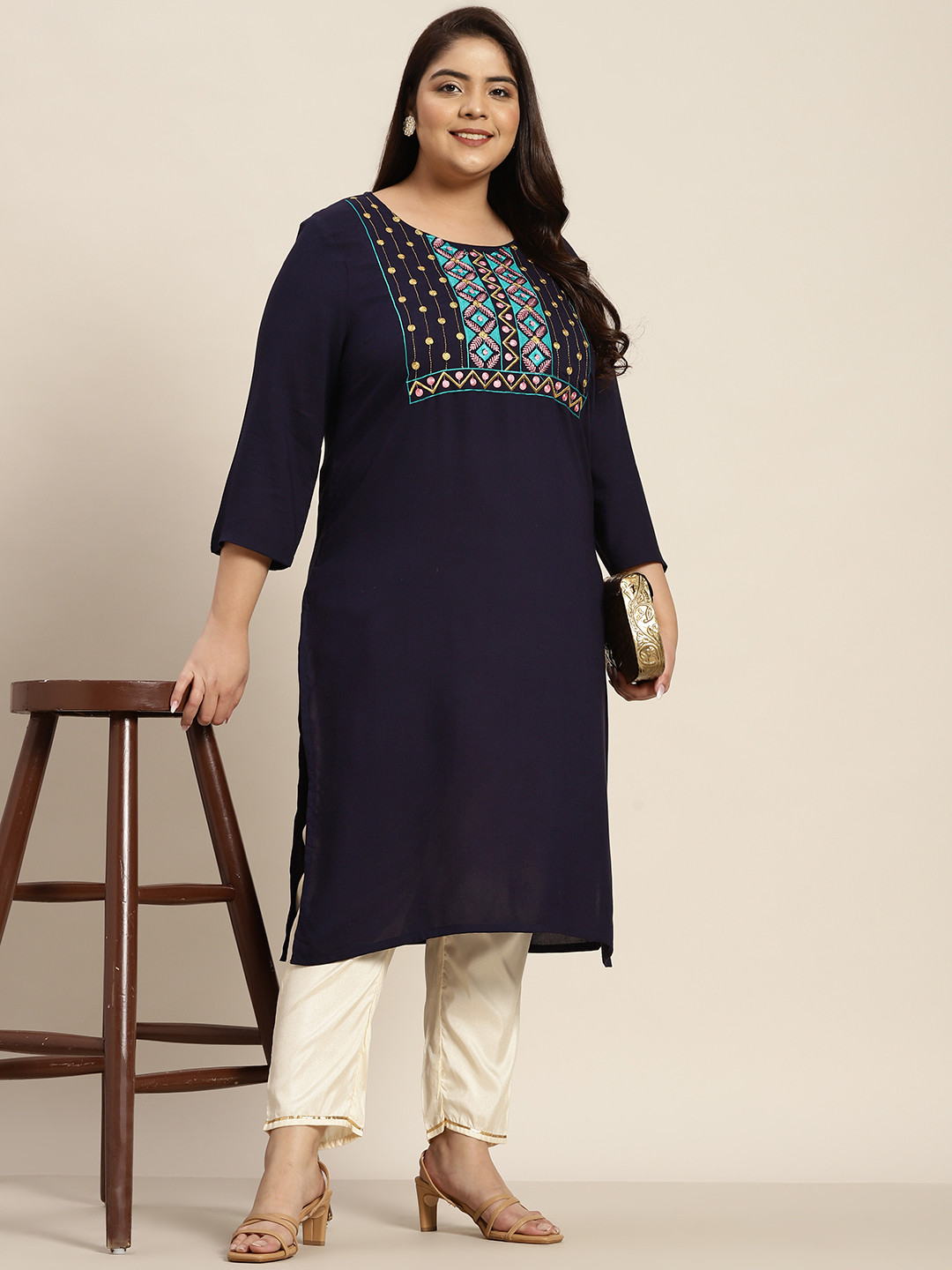 

Sztori Women Plus Size Navy Blue Embroidered Yoke Design Straight Kurta