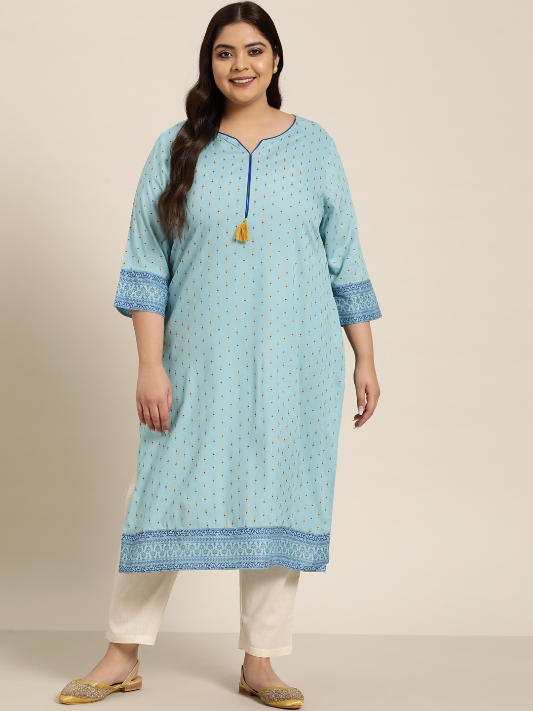 

Sztori Women Plus Size Blue & Golden Ethnic Motifs Printed Kurta