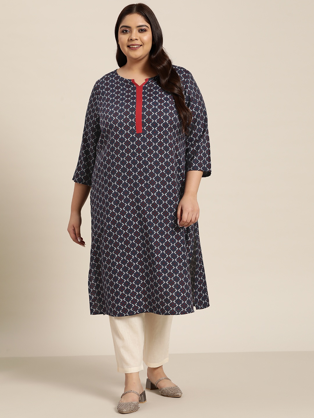 

Sztori Women Plus Size Navy Blue & Red Geometric Printed Kurta