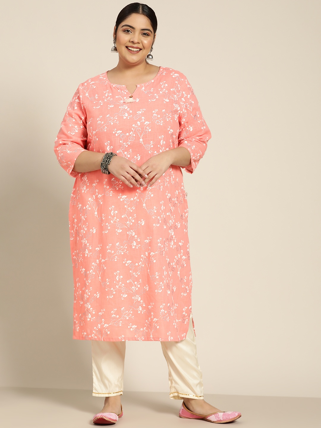 

Sztori Women Plus Size Peach-Coloured & White Pure Cotton Ethnic Motifs Printed Kurta