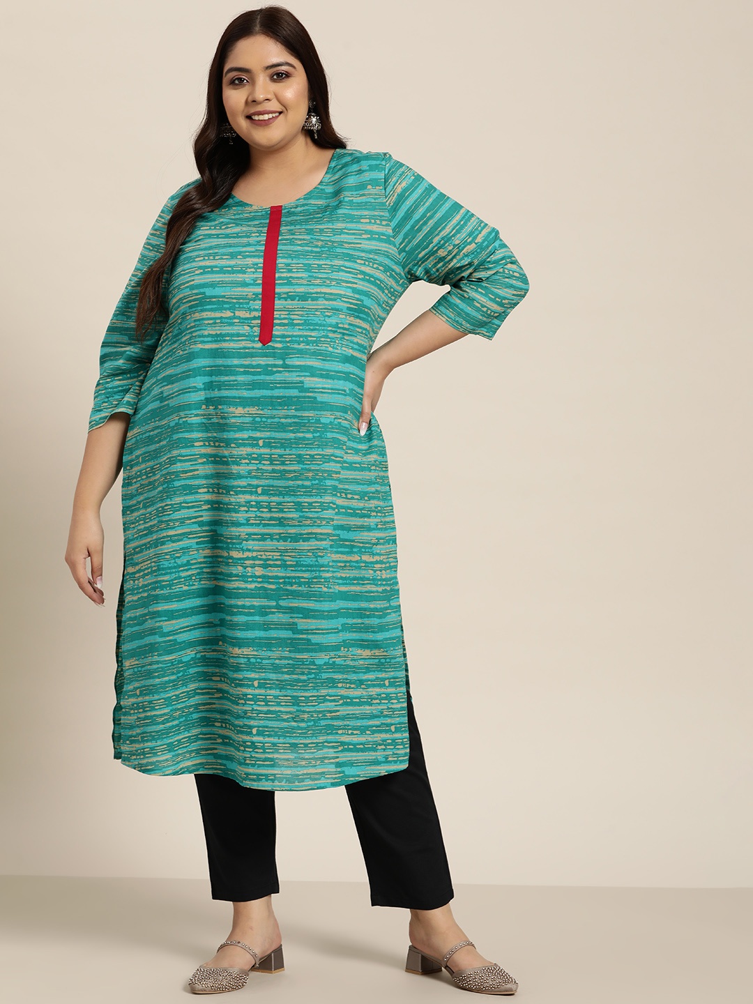 

Sztori Women Plus Size Green Abstract Printed Pure Cotton Kurta