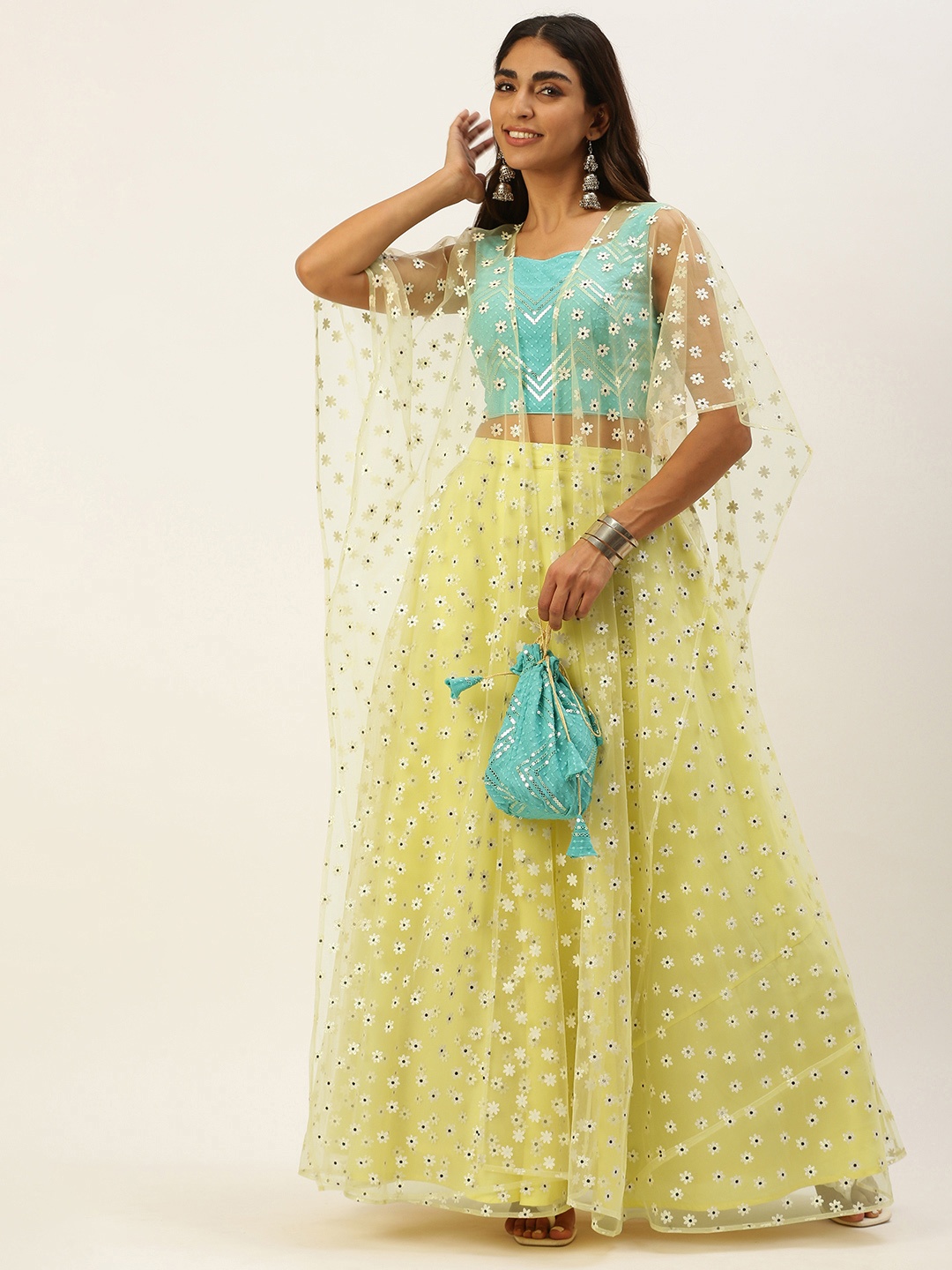 

Ethnovog Sea Green Beige Sequinned Ready to Wear Lehenga Blouse With Dupatta Potli Bag
