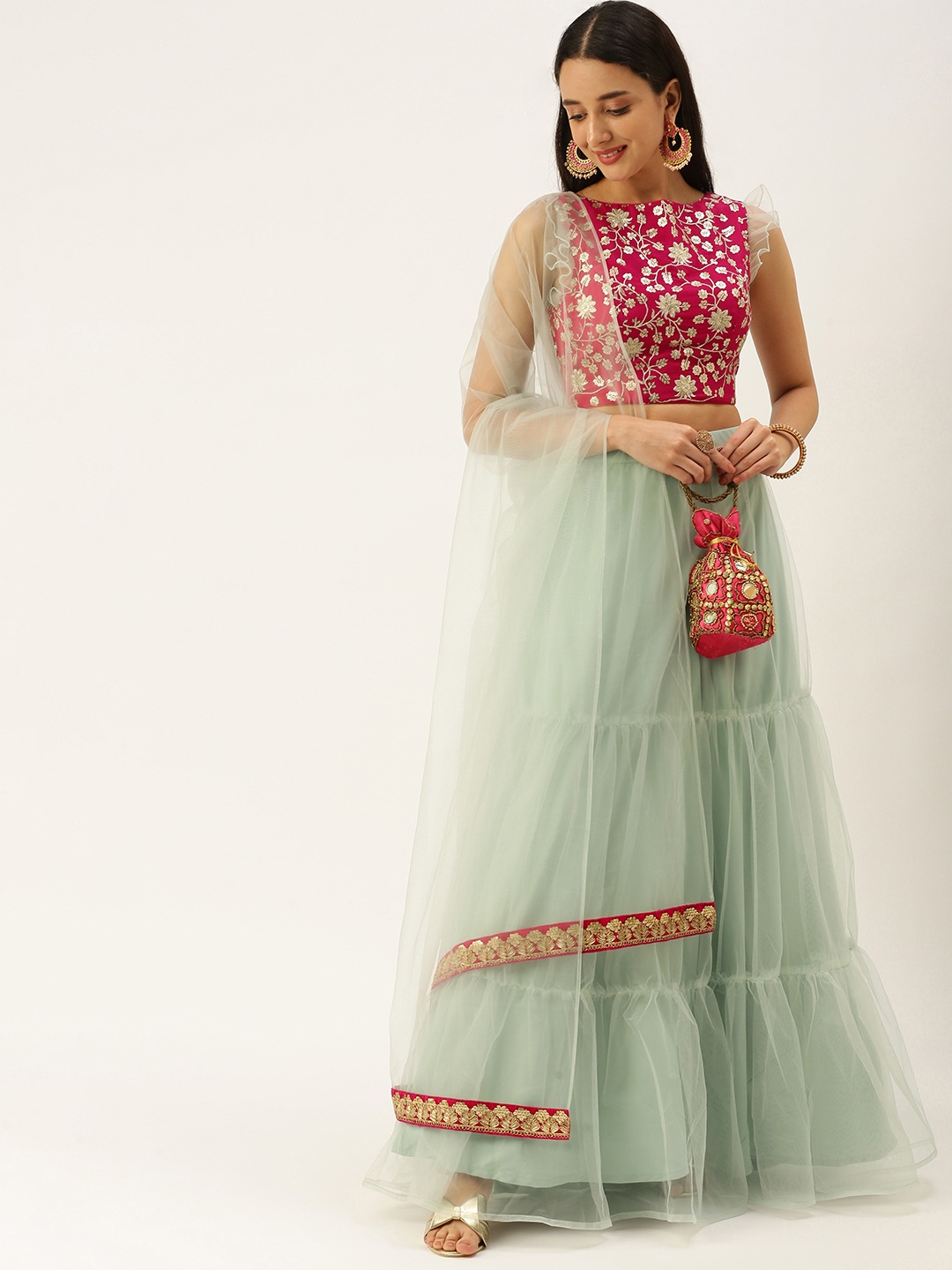 

Ethnovog Pink Sea Green Sequinned Ready to Wear Lehenga Blouse With Dupatta