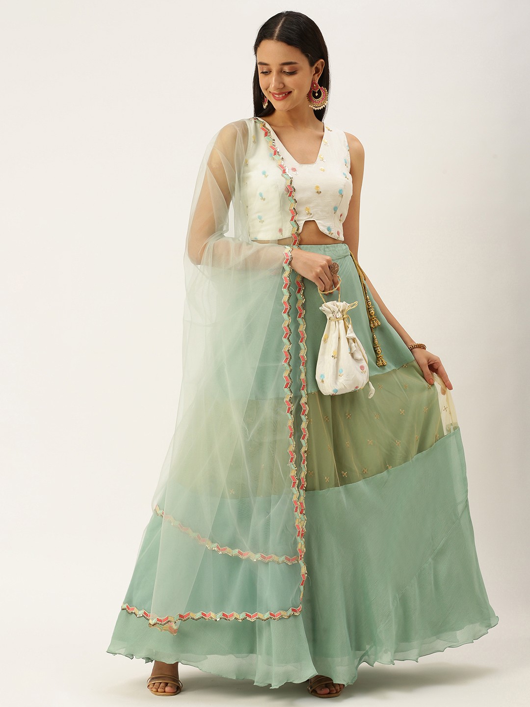 

Ethnovog White Sea Green Sequinned Ready to Wear Lehenga Blouse With Dupatta Potli Bag