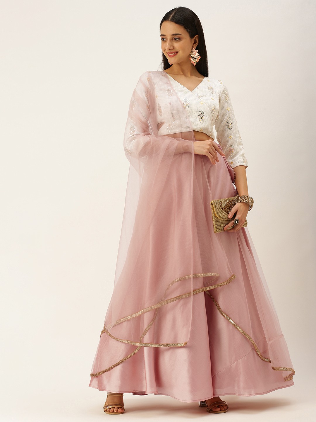 

Ethnovog White Peach-Coloured Embroidered Sequinned Made to Measure Lehenga Blouse With Dupatta