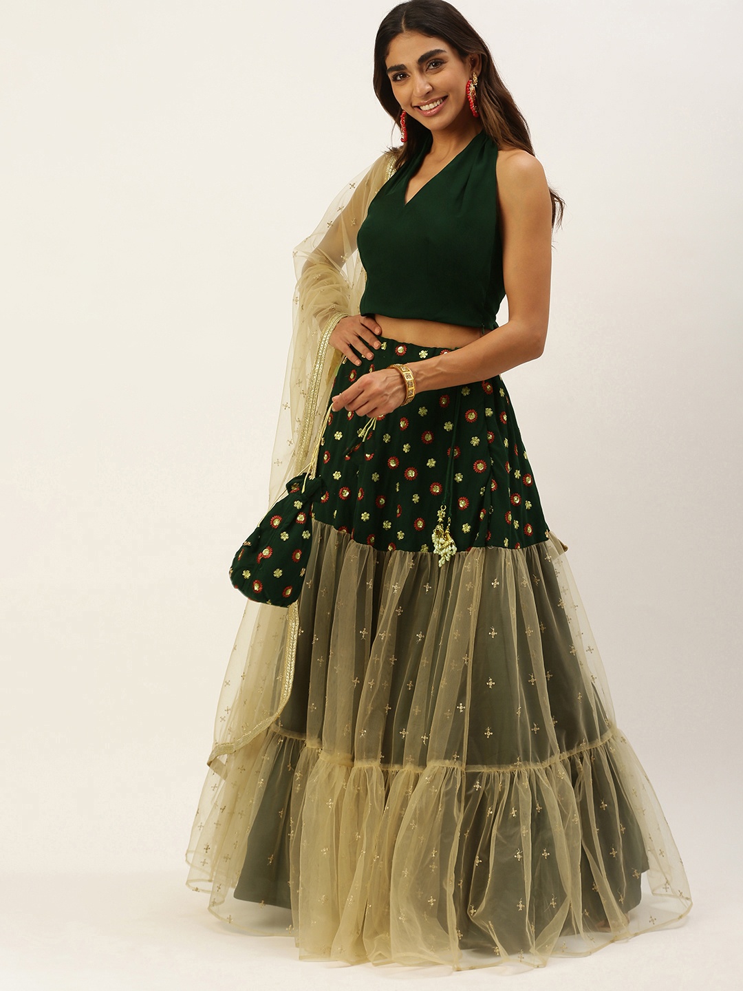 

Ethnovog Green Sequinned Ready to Wear Lehenga Blouse With Dupatta
