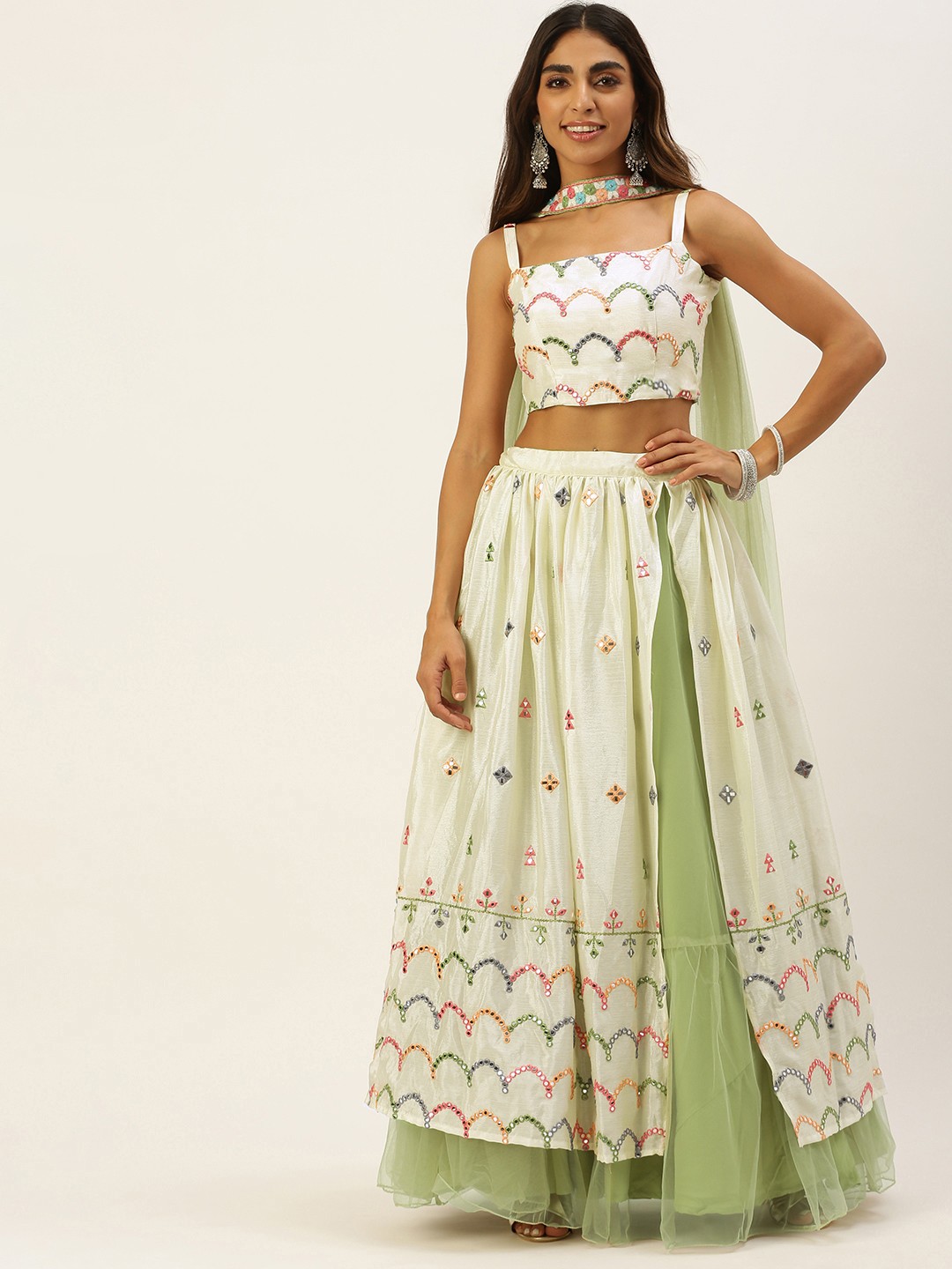 

Ethnovog Sea Green Embellished Ready to Wear Lehenga Blouse With Dupatta Potli Bag