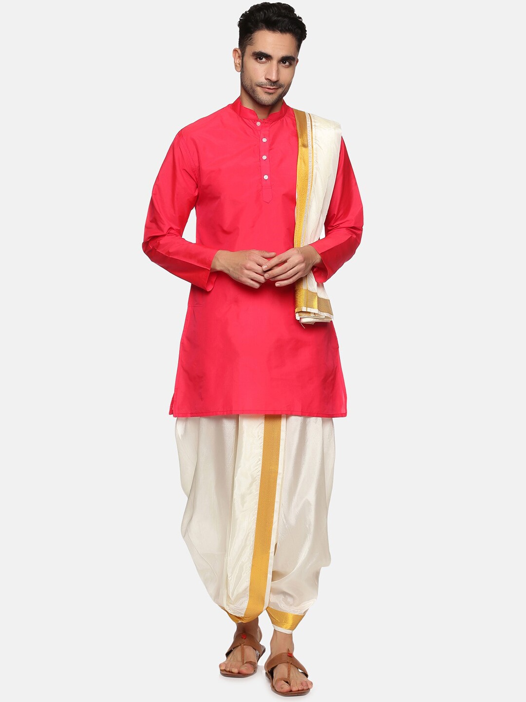 

Sethukrishna Men Pink Angrakha Kurta with Dhoti Pants & Angavastram Set