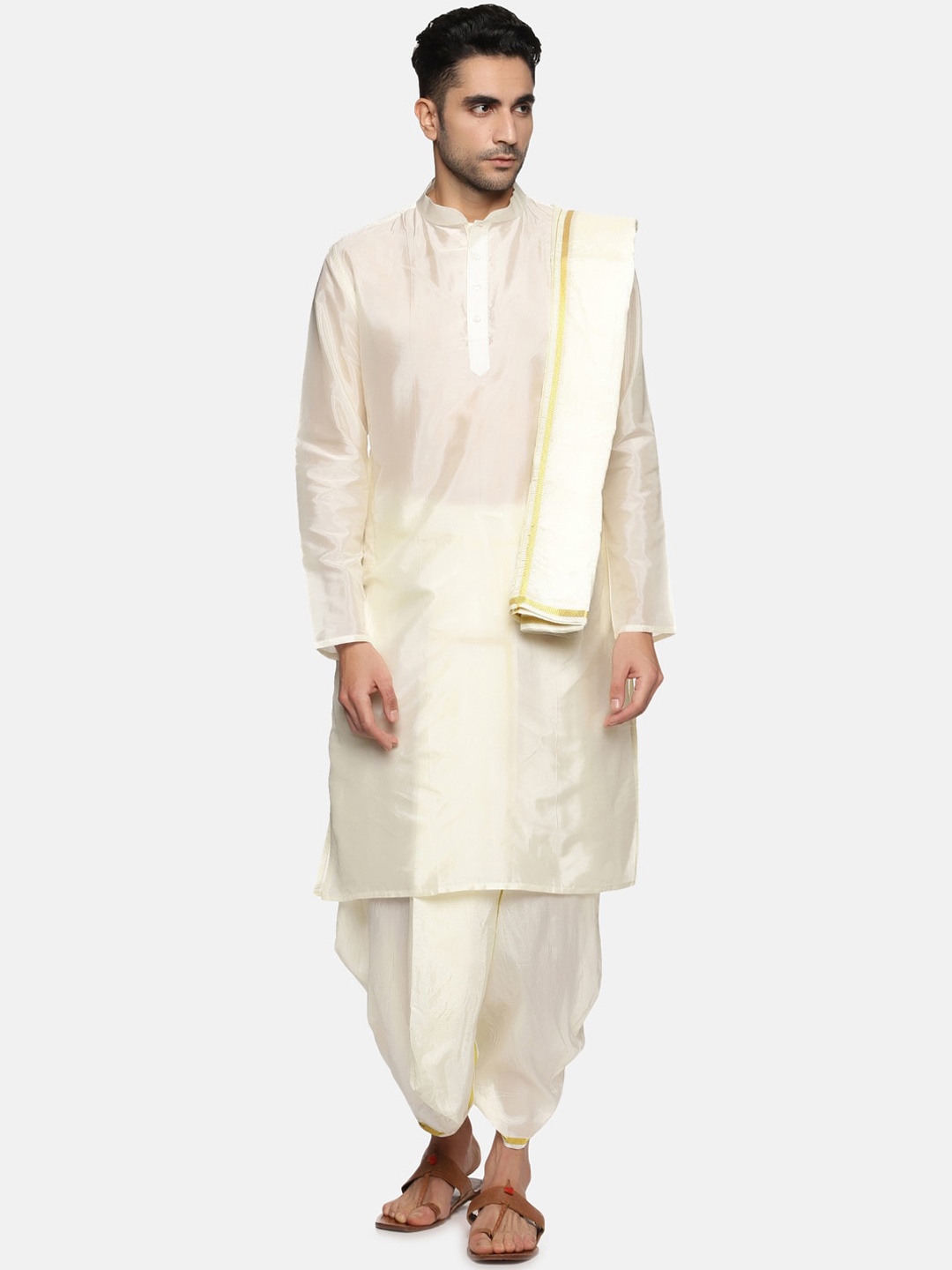 

Sethukrishna Men Kurta with Dhoti Pant & Angavastram Set, Cream