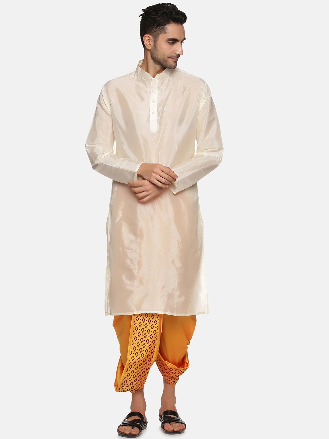 

Sethukrishna Men Art Silk Kurta with Printed Dhoti Pant Set, Cream