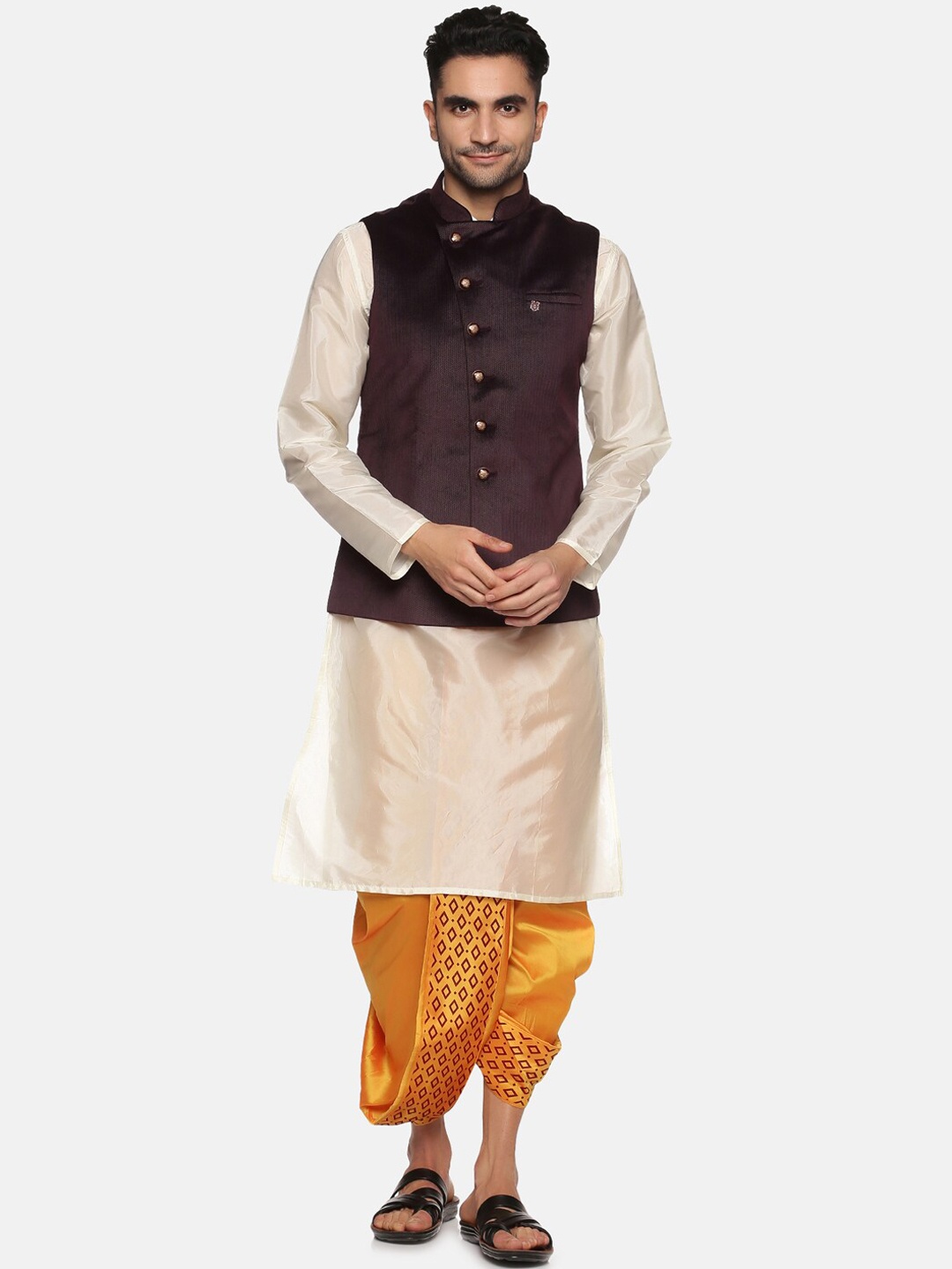 

Sethukrishna Men Solid Straight Kurta with Printed Dhoti Pants & With Nehru jacket, Off white