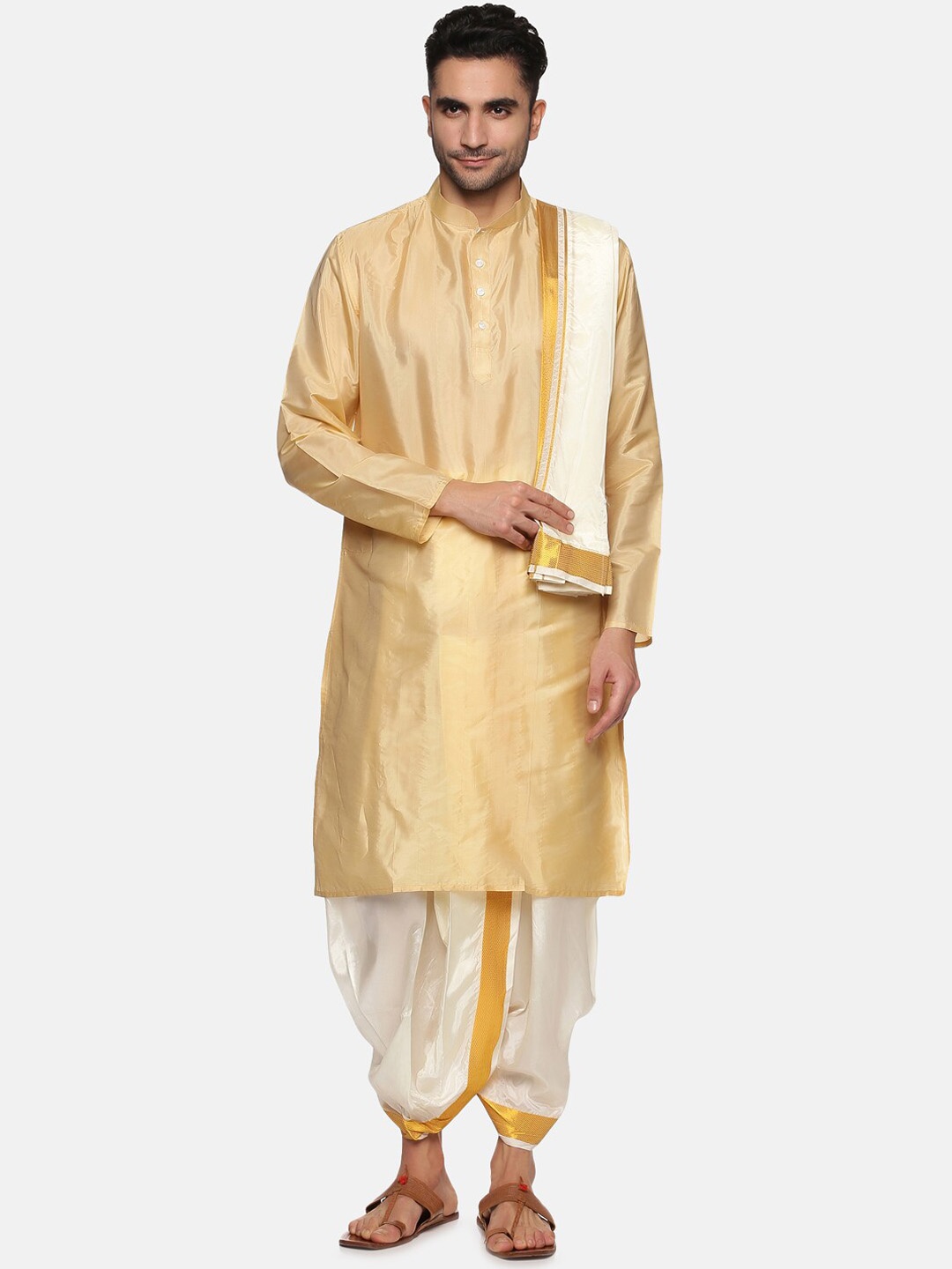 

Sethukrishna Men Kurta with Dhoti Pant Angavastram Set, Gold