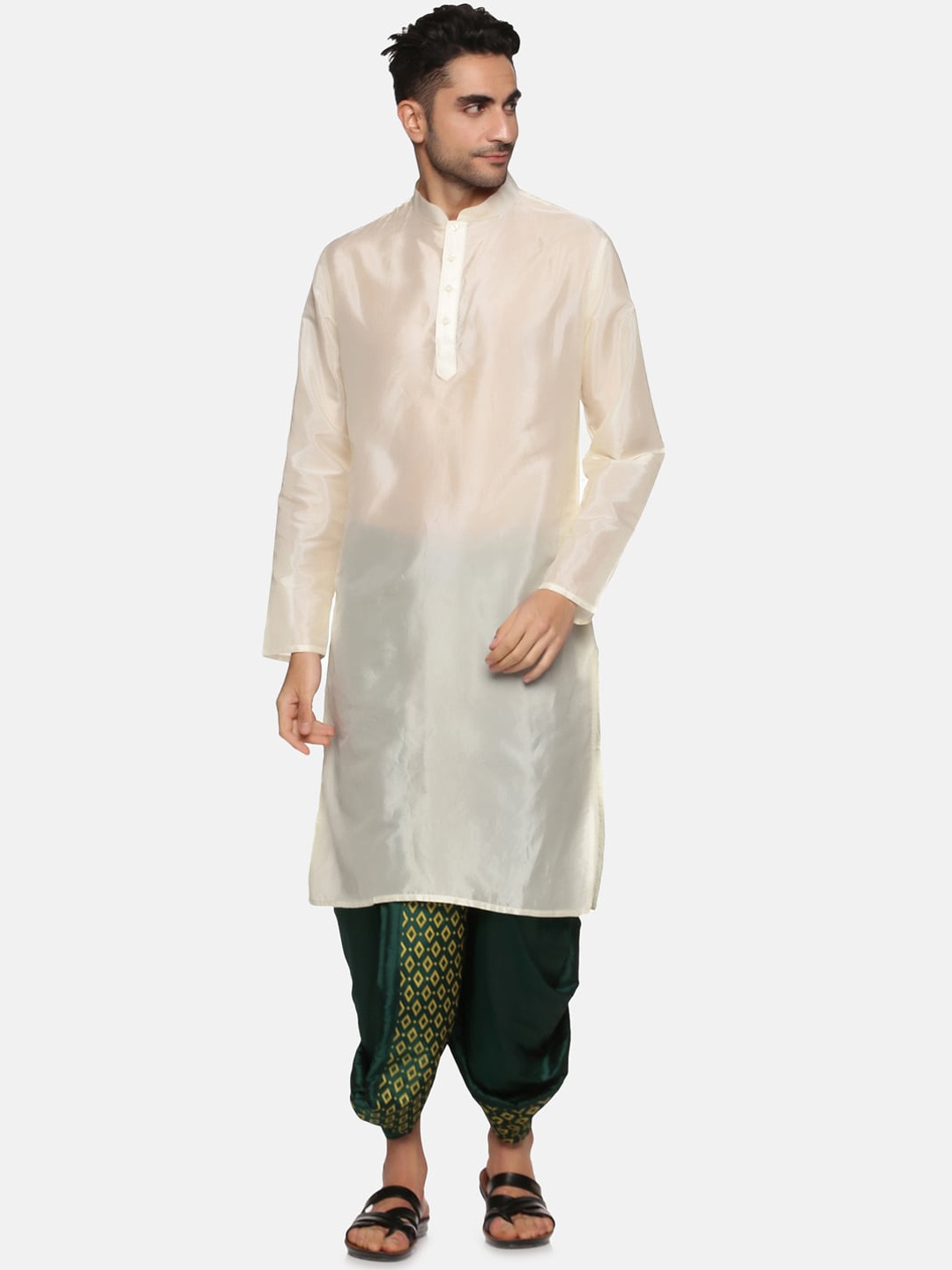 

Sethukrishna Men Art Silk Kurta with Printed Dhoti Pant Set, Cream