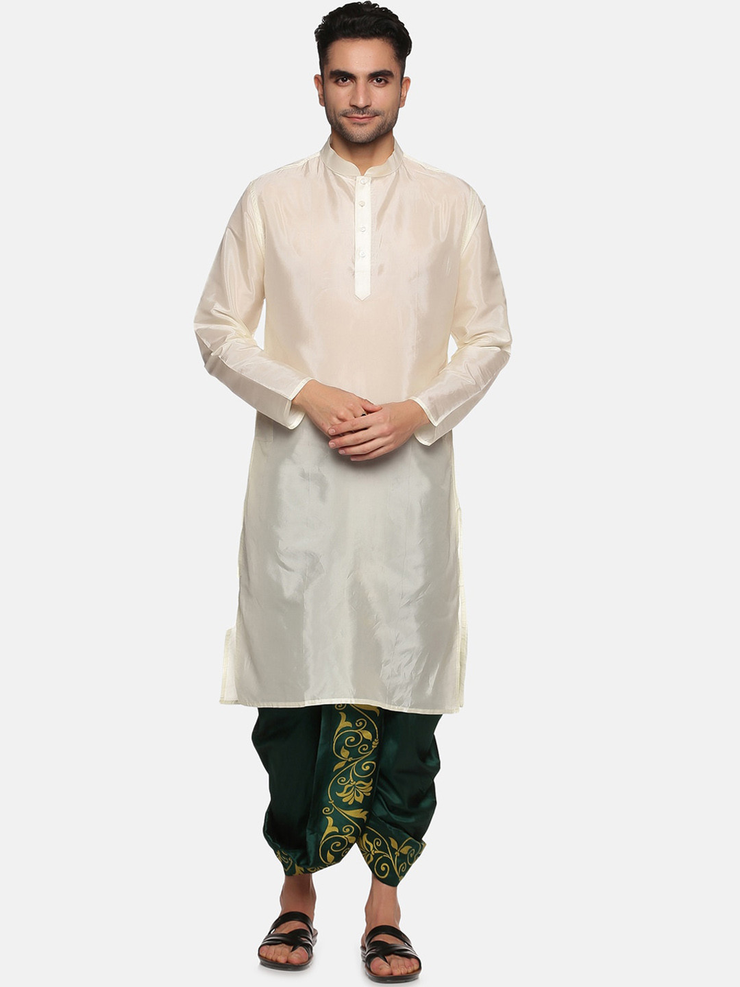 

Sethukrishna Men Solid Art Silk Straight Kurta with Printed Dhoti Pants, Off white
