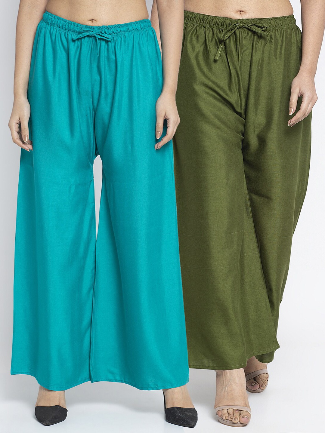 

GRACIT Women Pack of 2 Turquoise Blue & Olive Green Ethnic Palazzos