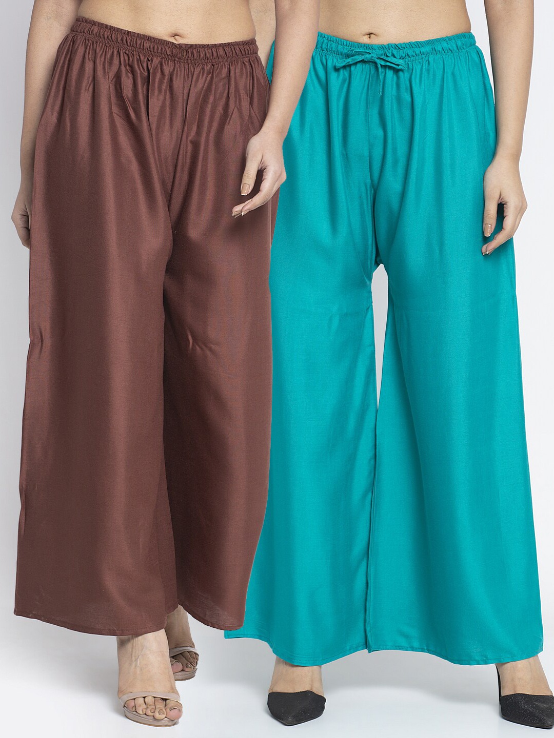 

GRACIT Women Pack of 2 Brown & Sea Green Ethnic Palazzos