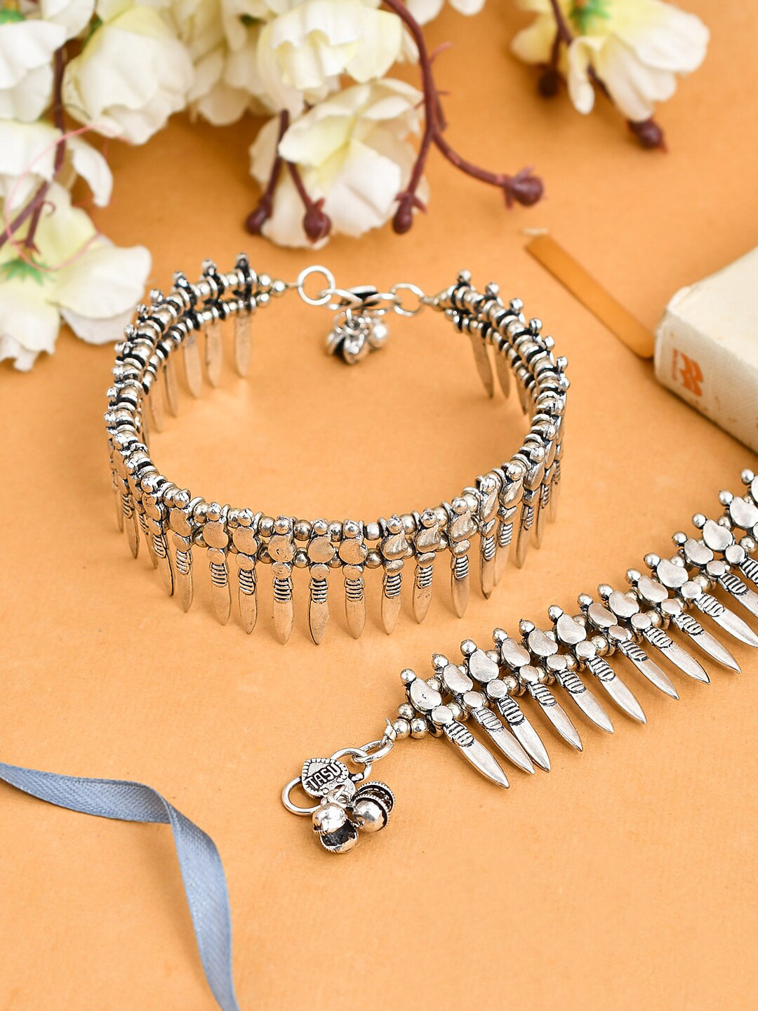 

Silvermerc Designs Set Of 2 Silver-Plated Silver-Toned Oxidized Mango Anklet